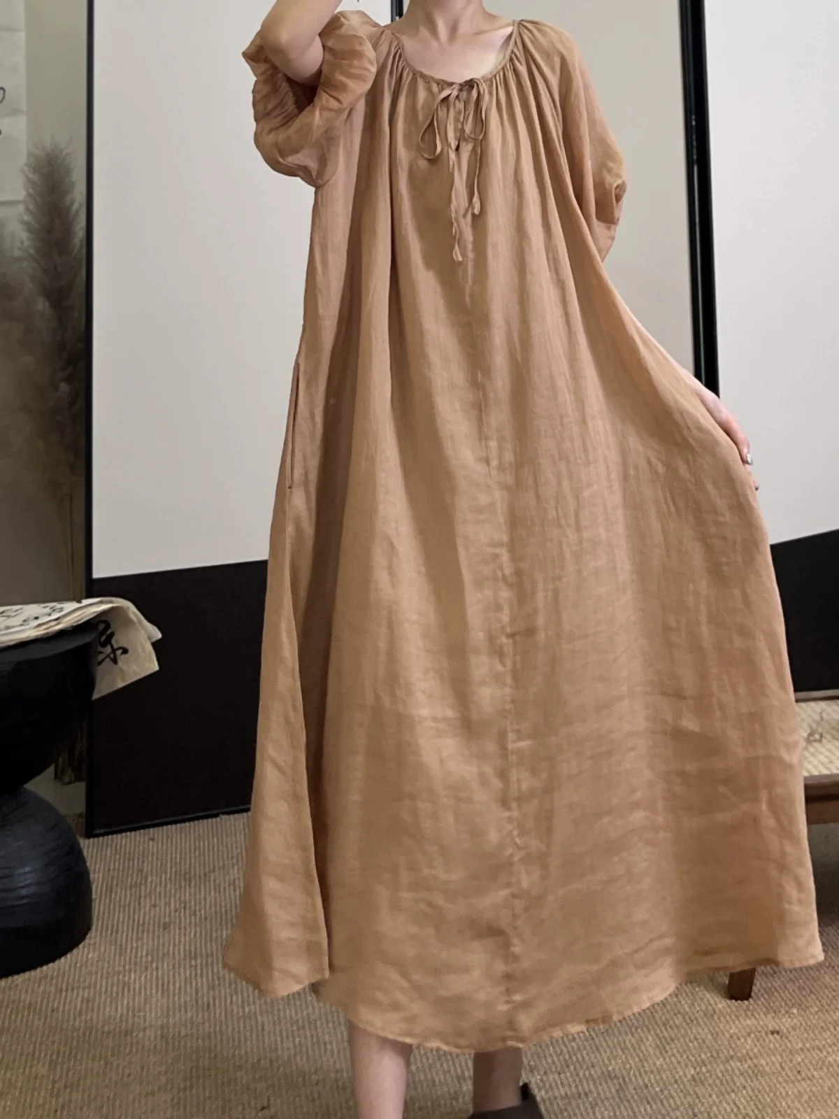 กระโปรงยาวทรงเข้ารูปผูกเอว รุ่น Ele Pure Color Bubble Sve Linen Dr Summer ไซส์พลัส สำหรับผู้หญิง แฟชั่นทันสมัย ทรงกลม ผูกเชือก