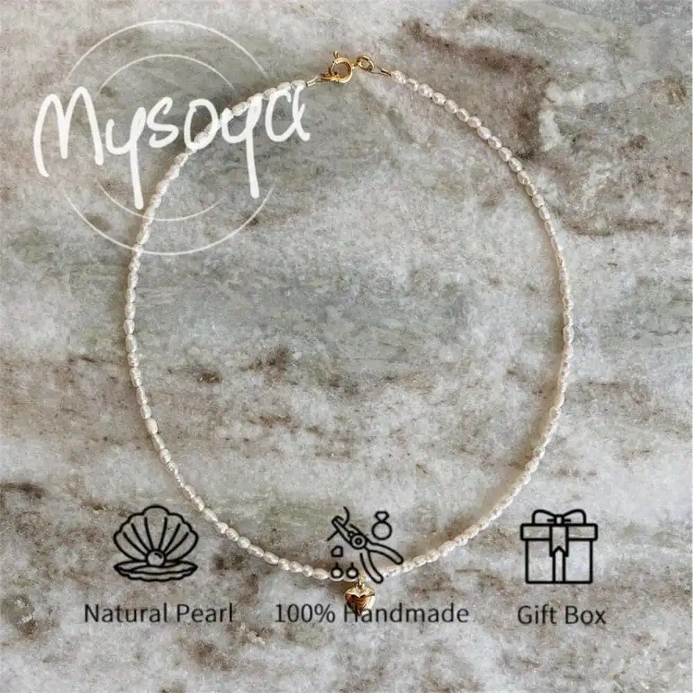 

MYSOYA White Rice-shaped Baroque Pearl Necklace 4-5mm Pearls With Heart Pendant Gift Box for Her Wedding Jewelry Christmas Gift