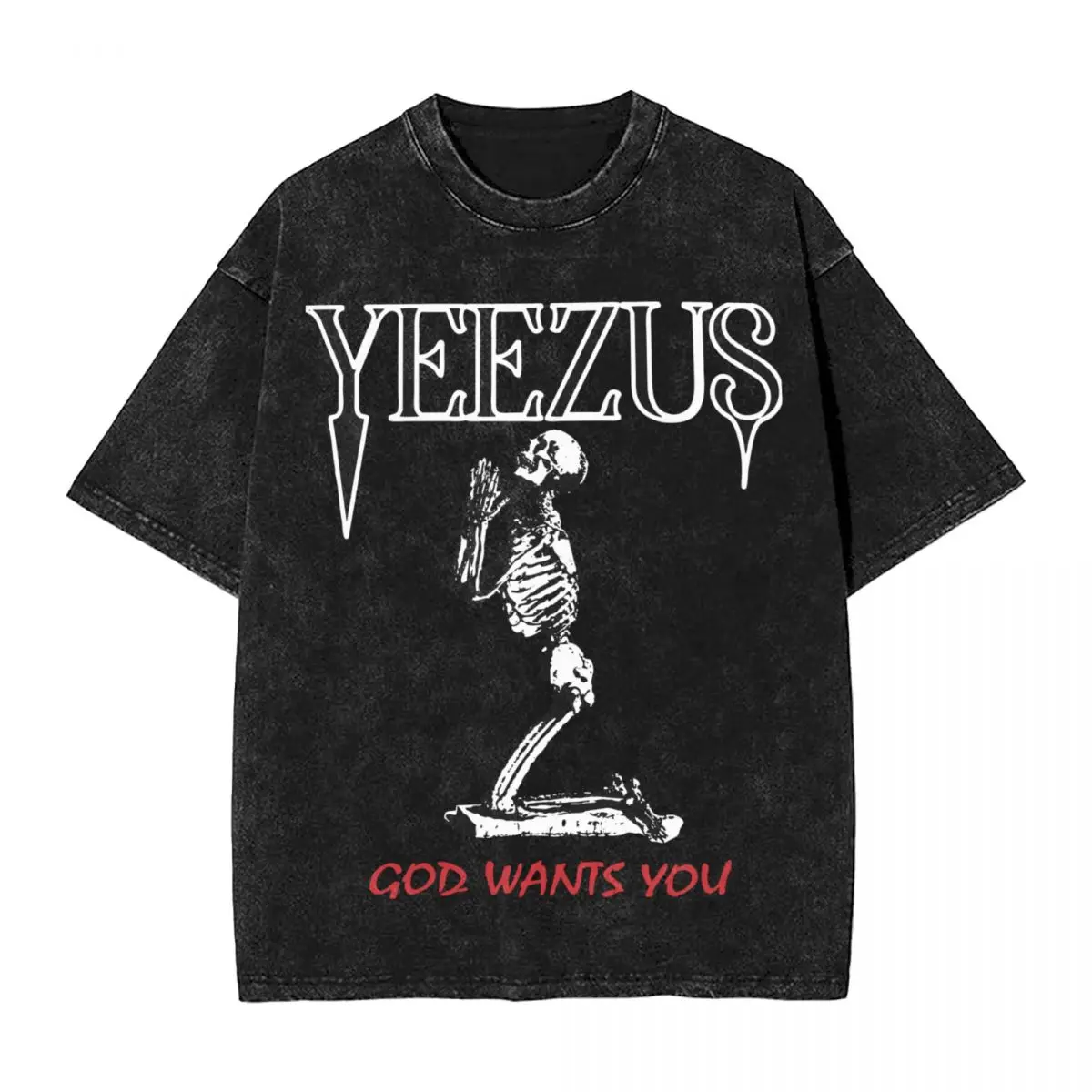 Washed T Shirt Kanye West Yeezus Skeleton Hip Hop T-Shirt Street Streetwear Short Sleeve Summer Tops Tee Shirt for Men Women