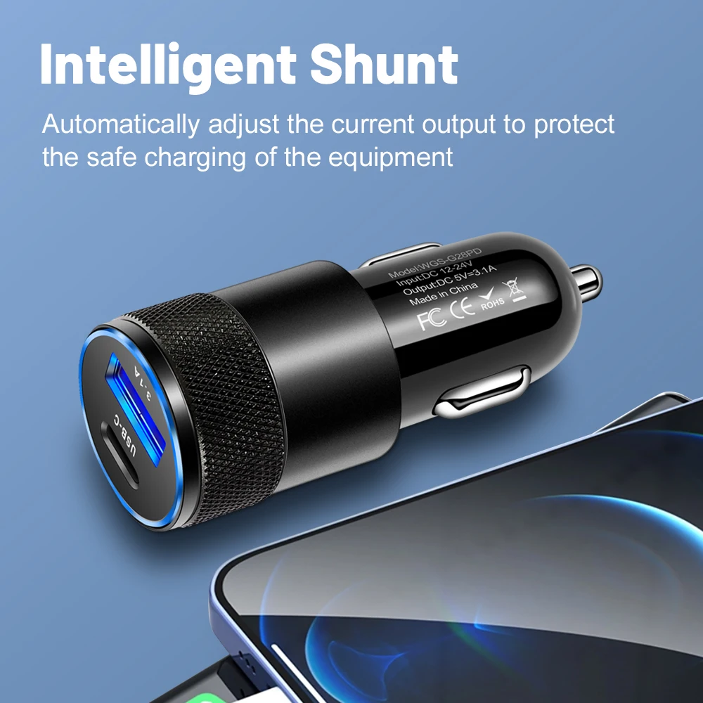 3.1A USB Car Charger Type C Fast Charging Phone Adapter For Xiaomi Huawei PD Phone Charger Adapter Socket Cigarette Lighter