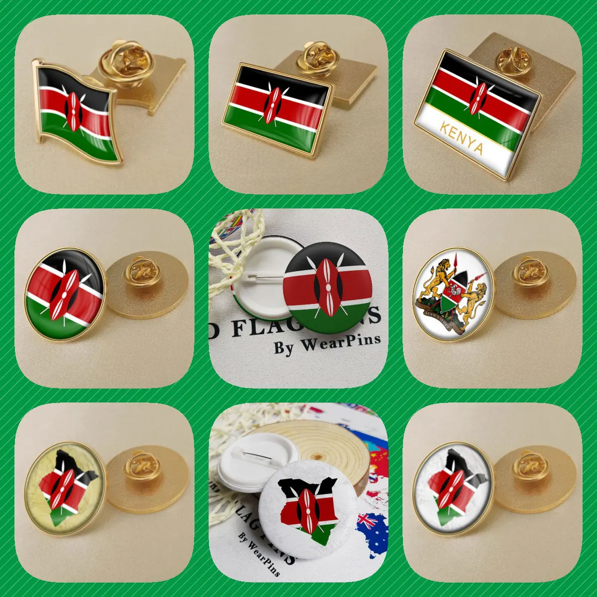 Kenya Kenyan Map Flag National Emblem National Flower Brooches Badges Lapel Pins