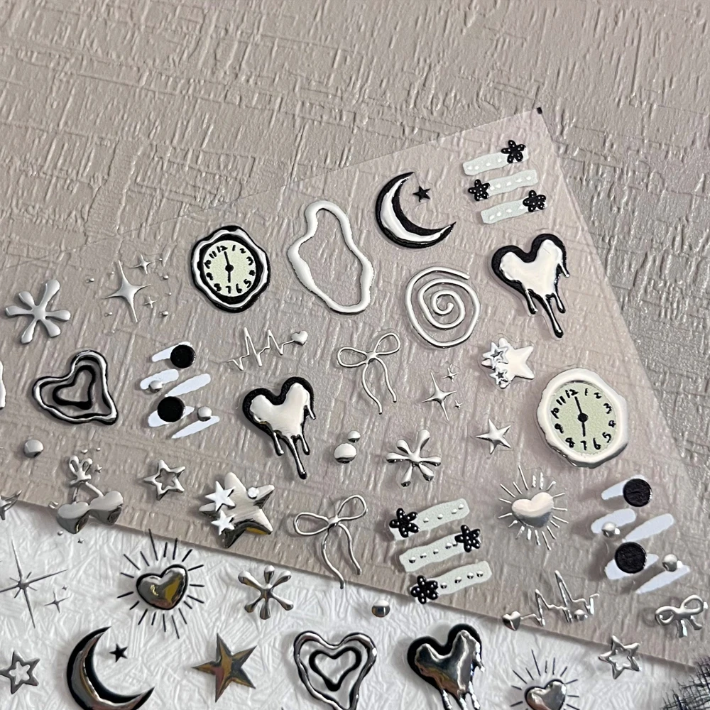 1 foglio 5D argento liquido a forma di cuore adesivo per nail art punk fiocco in rilievo piccolo fiore ciliegio pentagramma decalcomanie per unghie manicure fai da te