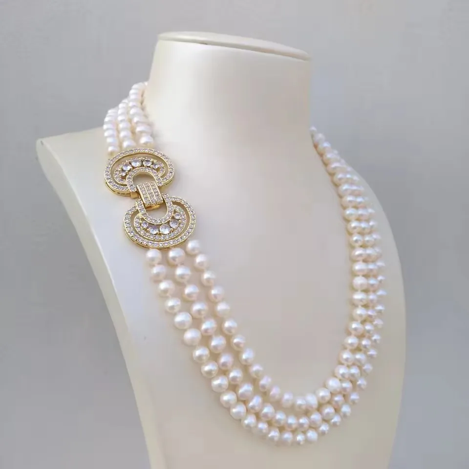 3-Row Pearl Necklace AAA 6-7mm 7-8mm 8-9mm 9-10mm Natural Round Japanese Pearl Necklace 925 Silver 17*18*19 inch