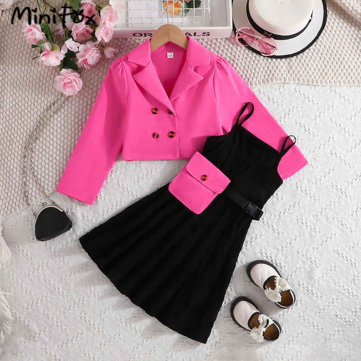 MiniFox Teenagers Dresses For Girls Kids Blazer Sets Lapel Coat+Black Dress With Waistbag 3pcs Party Children\'s Dresses Girls