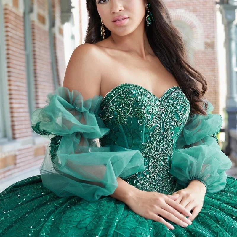 Green Shiny Sweetheart Ball Gown Quinceanera Dresses Off The Shoulder Appliques Lace Beads Tull Sweet 16 Corset Vestido De 15