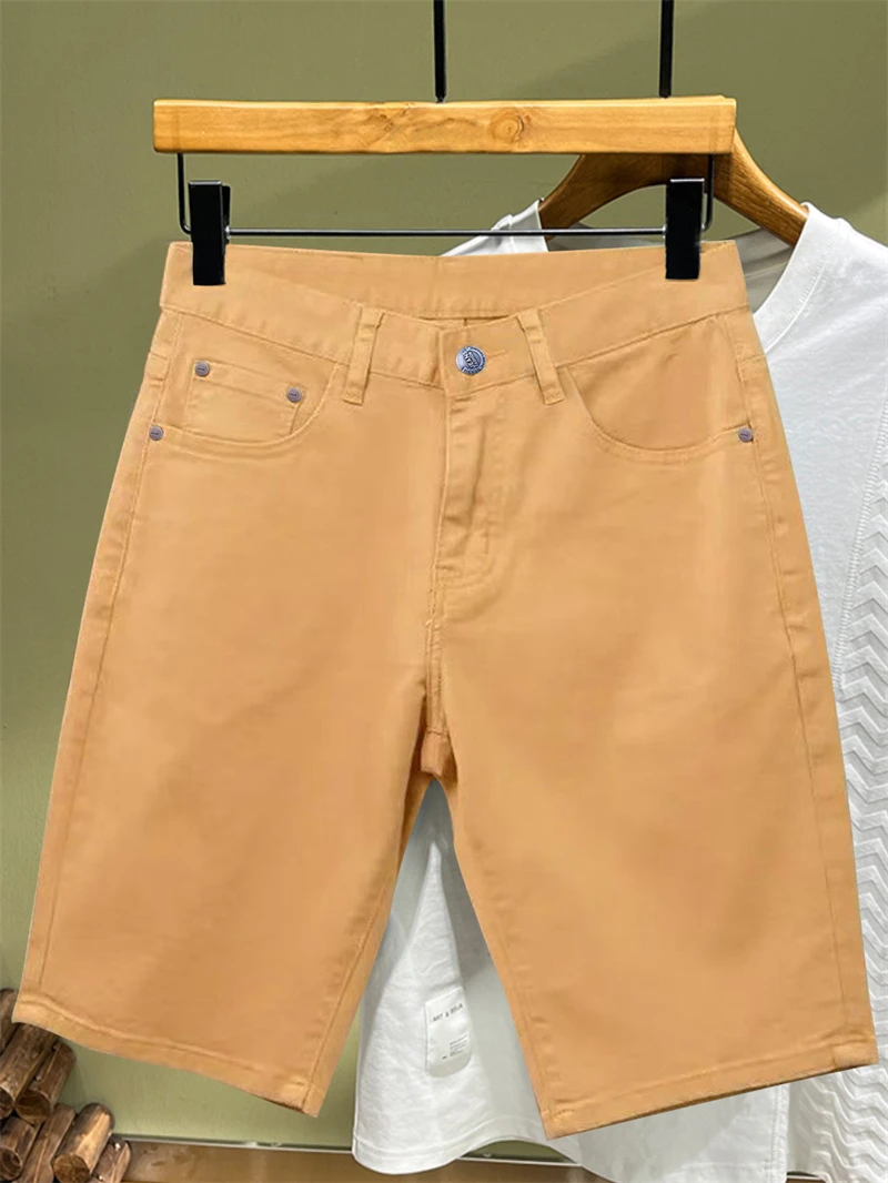 Pantalones Cortos Bermuda para Hombre, Amarillos, Elásticos, Casuales de Verano, Largos hasta la Rodilla, Estilo Coreano, Color Sólido, Cinco Bolsillos, Corte Recto