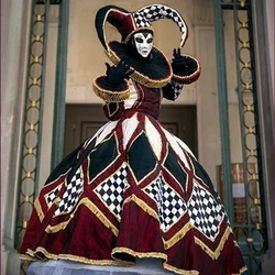 Medieval Court Jester Costume Renaissance Queen Dress Costume Women Venice Masquerade Ball Gowns with Clown Collar Ruffle Hat
