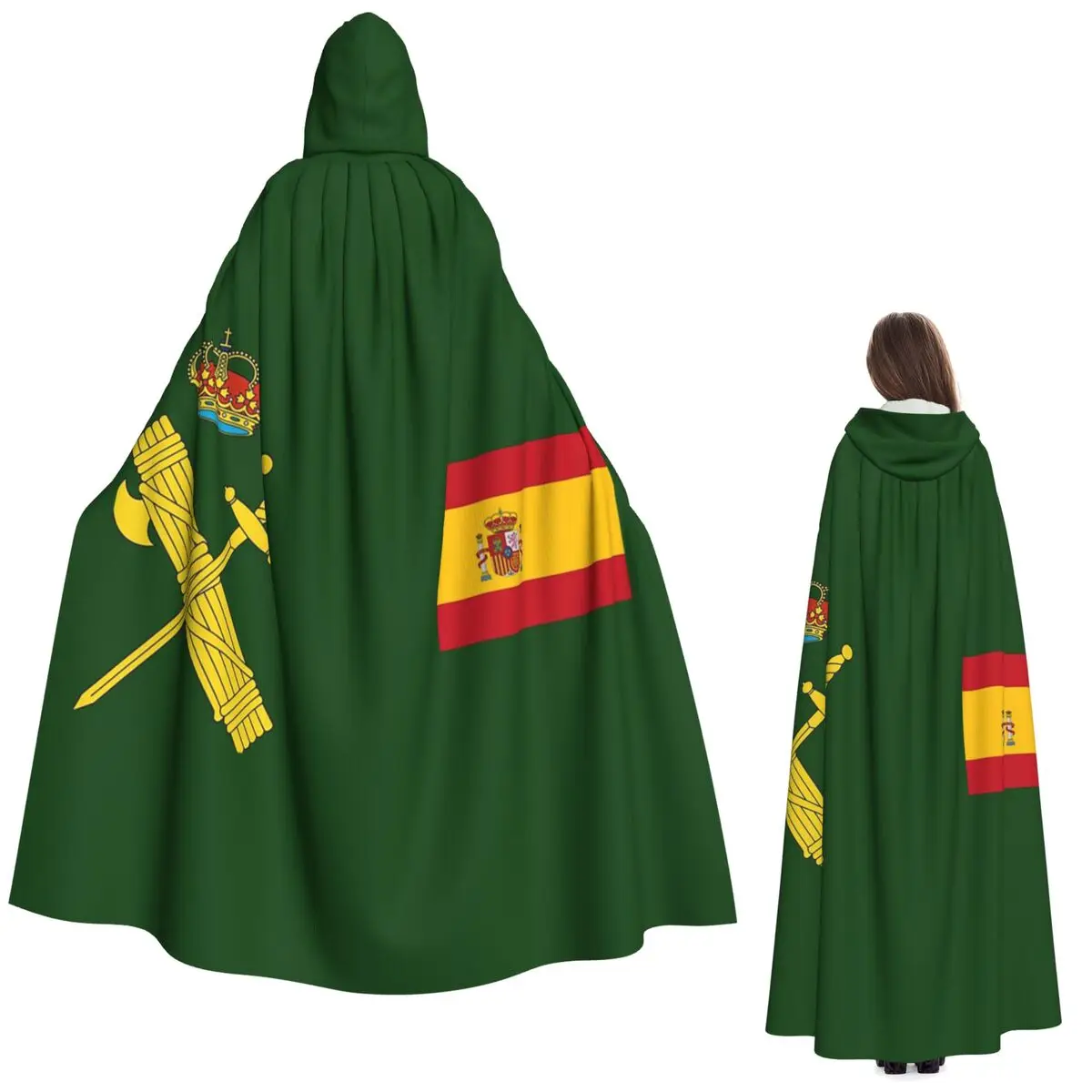 Bandera de España más emblema guardia Civil capa larga con capucha disfraz Medieval de bruja capa de Cosplay fiesta de Halloween adulto Unisex