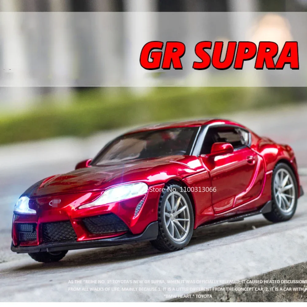 

1:32 миниатюрный суперкар Toyota Supra, игрушечные модели, литые под давлением спортивные автомобили из сплава, откатные 4 двери, открытый звук, свет, коллекция игрушек