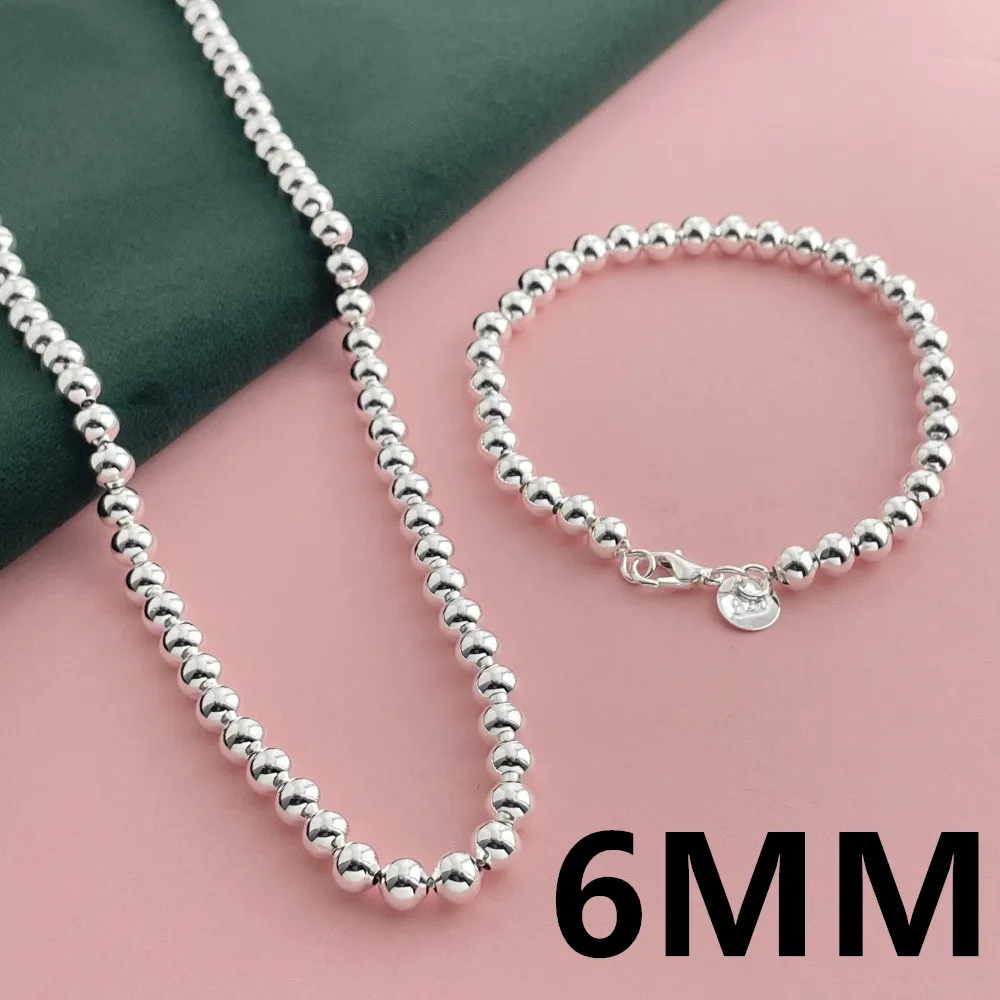 925 Sterling Silber Schmuckset 6 MM buddhistische Perlen Halskette Armband Set Damenmode einfache Geburtstag Hochzeit Schmuck Geschenk – Detail 1