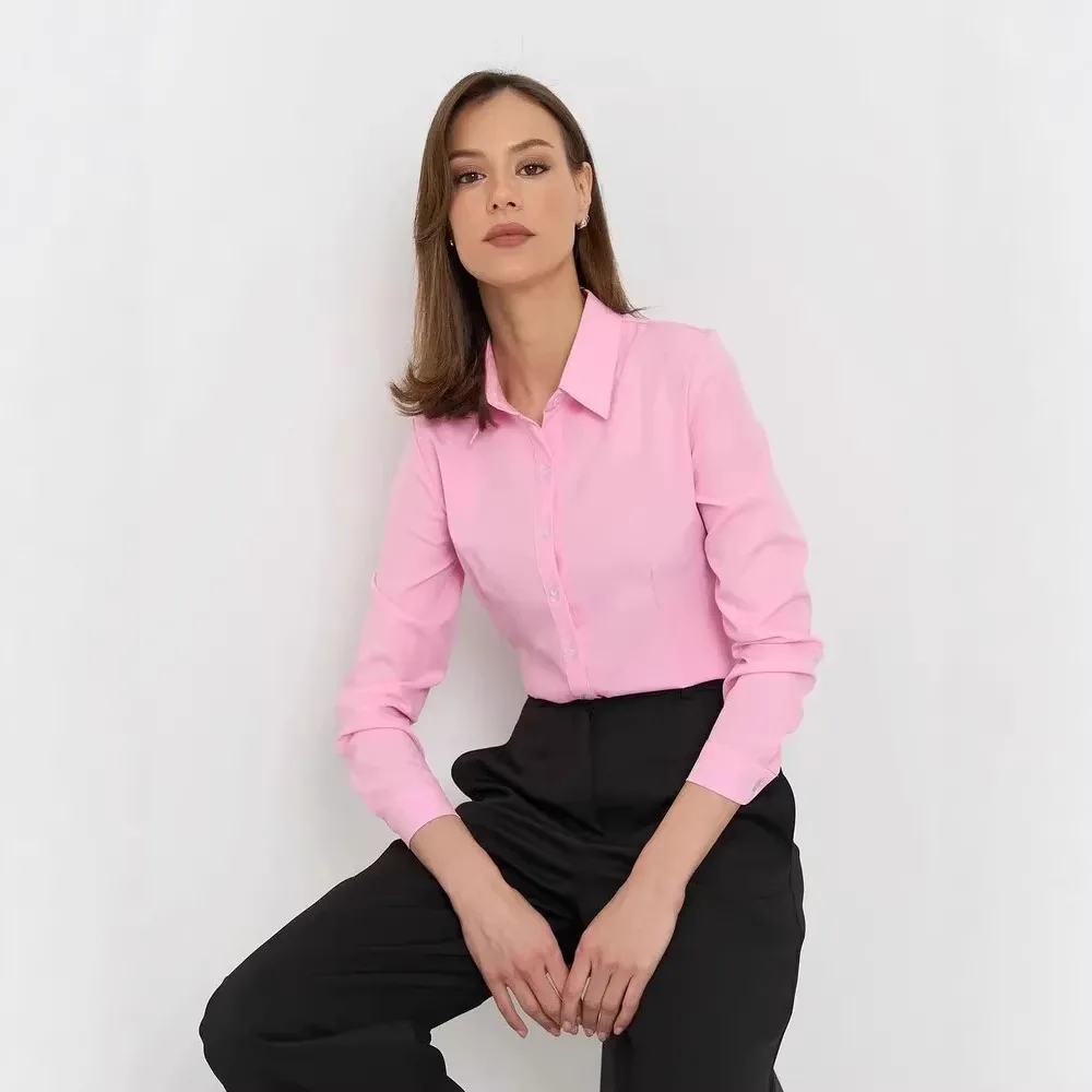 

Spring Summer Casual Solid Long Sleeve Turn Down Collar Tunics OL Shirt Tops Women Elegant Solid Button Shirt Chiffon Blouse