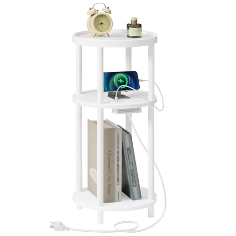 Small Round Side Table with Charging Station 3-Tier Round Bamboo End Table Compact Sofa Bedside Table for Small Space Easy Asse