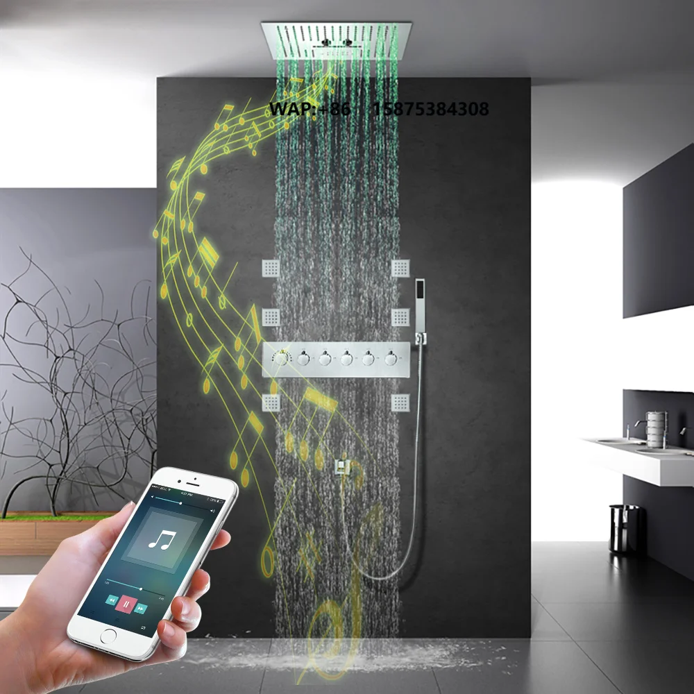 Ceiling Embedded 16-Inch Music LED Rain Waterfall Mist Shower Head Polished Brass Contemporary Thermostatic Shower Faucet Set