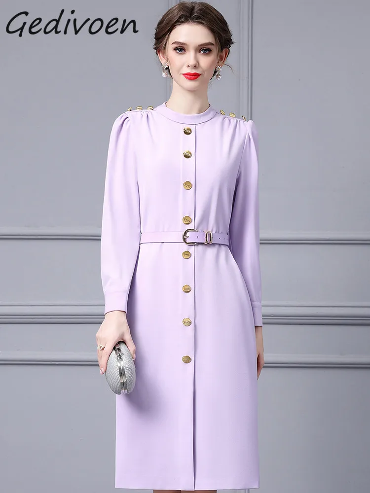 Gedivoen Autumn Fashion Designer Violet Vintage Dress Women's Stand Collar Single Breasted Sashes Gathered Waist Slim Long Dress