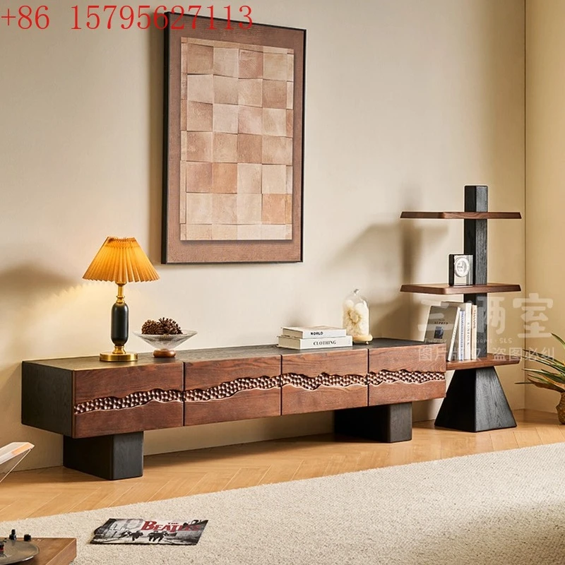 Medieval all-solid wood TV cabinet American ash wood black living room floor cabinet