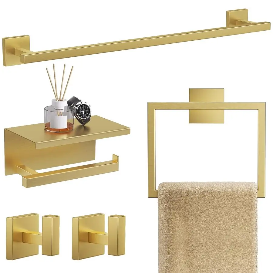 

5Pieces Brushed Gold Bathroom Hardware Accessories Set 23.6 SUS304 Stainless Steel Towel Bar Set Wall Mounted Square Toilet Pape