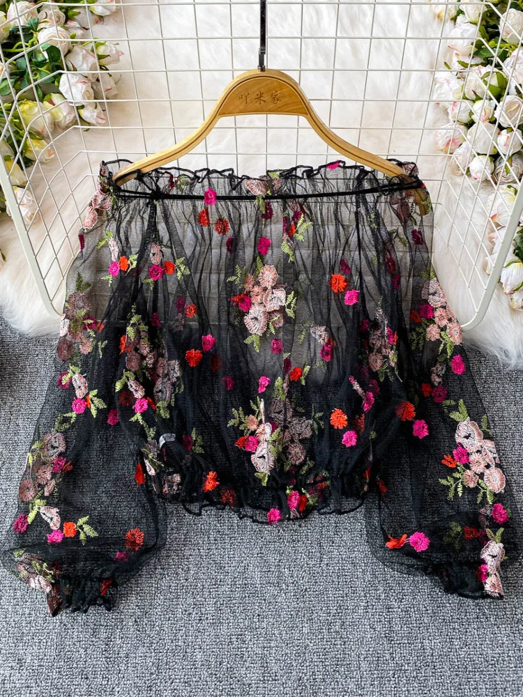 French style heavy embroidery off shoulder long sleeved T-shirt women summer sweet and age reducing loose see through mesh top