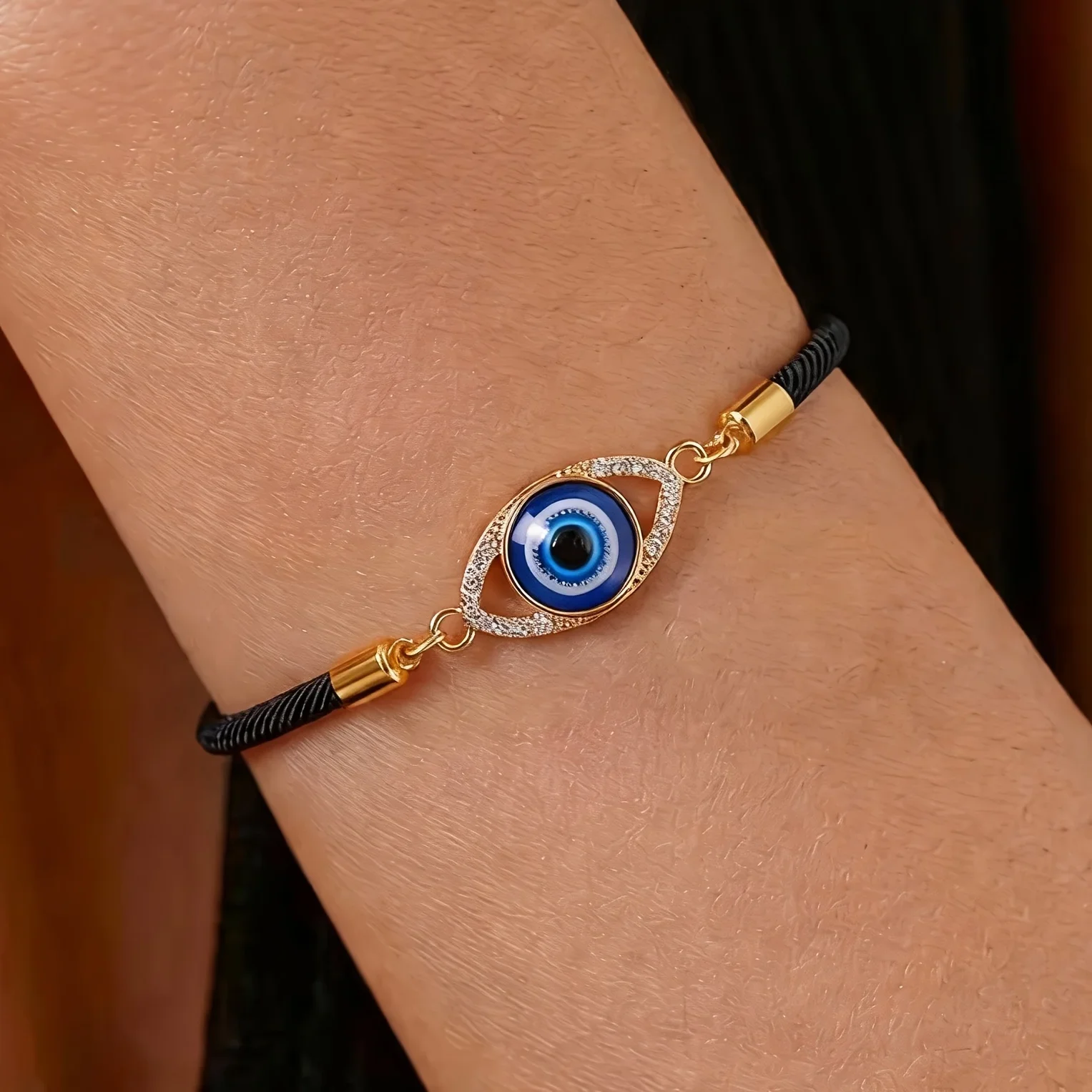 Turkish Evil Eye Bracelet Black Wax Cord Gold Plated Rhinestone Surround Blue Eye Adjustable Pull String Women Lucky Protection Wrist Jewelry