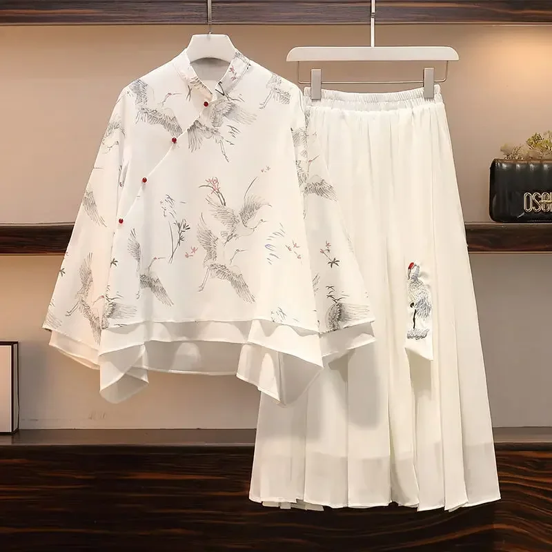 Terno Hanfu chinês tradicional de duas peças para mulheres, tamanho grande, chiffon, blusa elegante, bordado nacional, roupas grandes