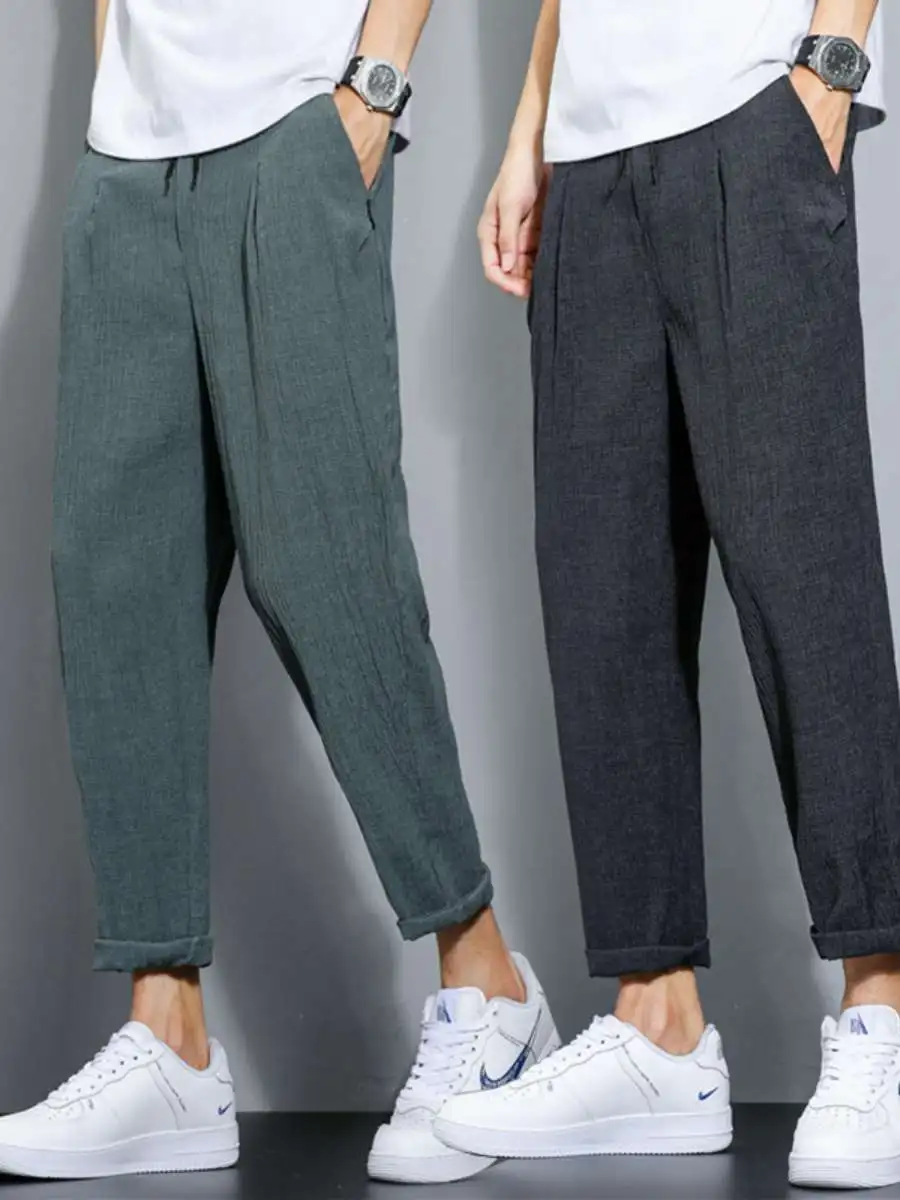 

Мужские повседневные брюки из ледяного шелка, широкие, укороченные (до щиколотки), свободного кроя, летние, в стиле Harlan, удобные, из хлопка и льна