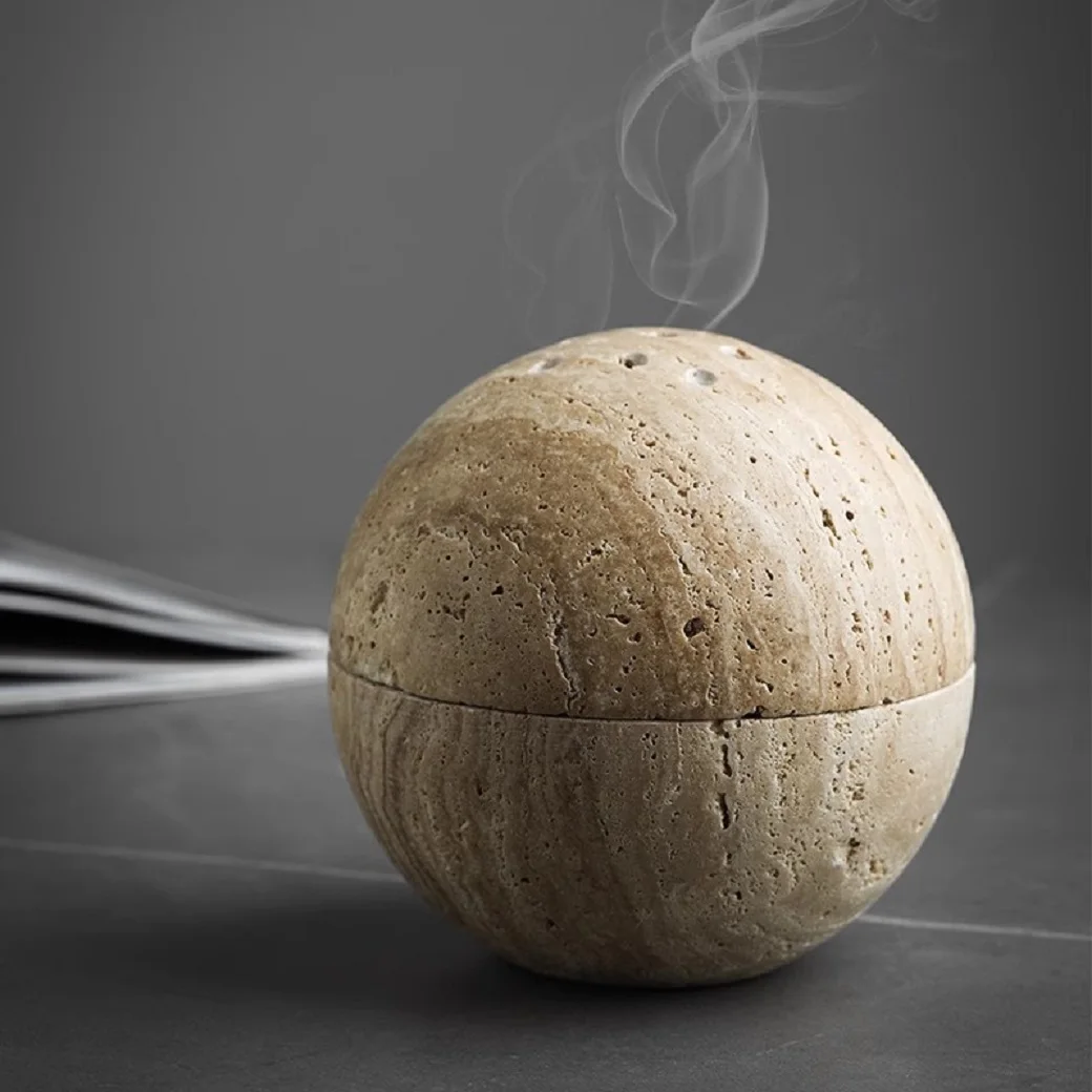 

Natural Beige Travertine Marble Stone 9 Holes Sphere Incense Burner Arabian Mubkhar Wood Plate Container Tabletop Incense Holder