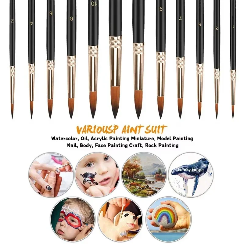 12pcs Paint Brushes Set Professional Paint Brush Round Pointed Tip Nylon Hair Acrylic Brush For Acrylic Watercolor Oil Painting