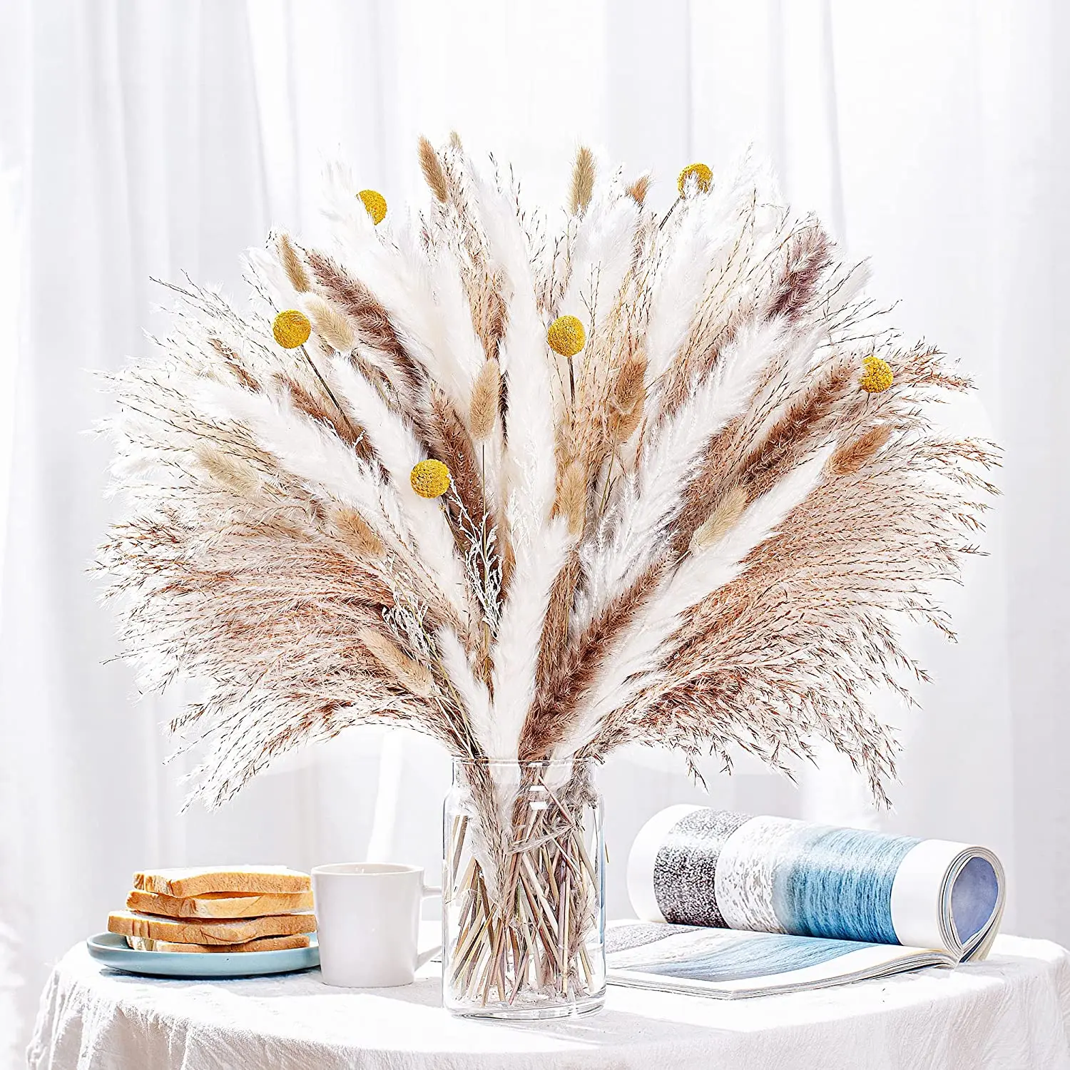 

60-85PCS Natural Dried Pampas Grass 17.5" Fluffy Boho Home Decor Pampas Grass Bouquet Bunny Tails for Wedding Floral Party