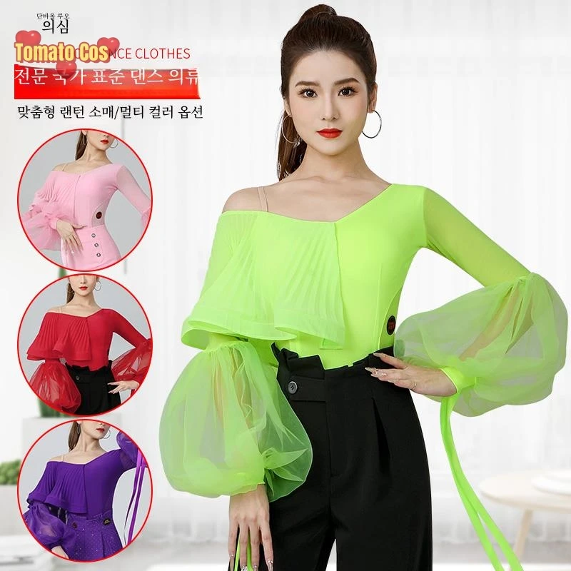 High end Dance Clothes Sloping Shoulder Pleat Puff sleeve Jumpsuit Ballroom Dance Clothes 2024 New Dance Top