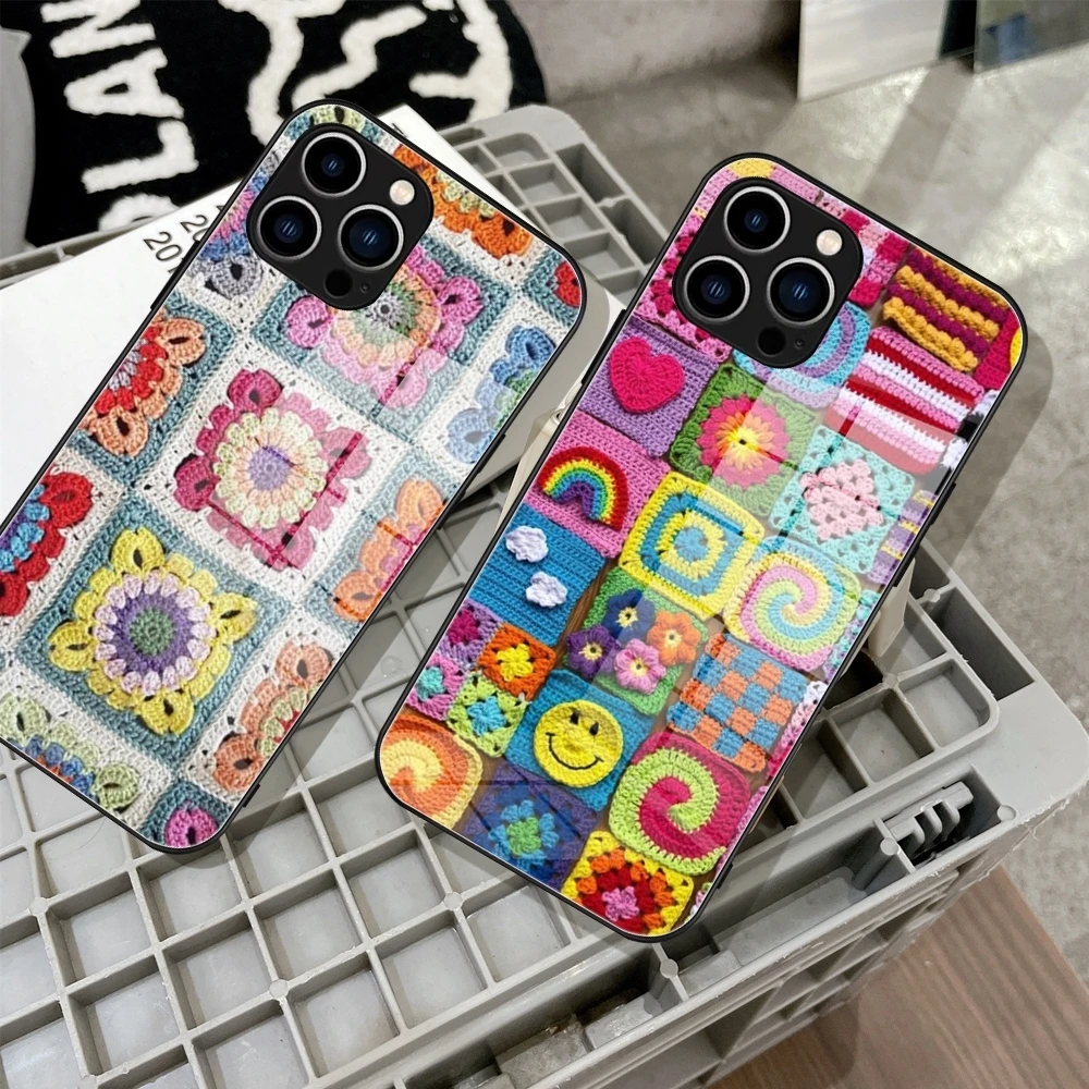 

Granny Square Crochet Phone Case Tempered Glass For IPhone 16 15 14 13 12 Pro Max Plus Samsung S24 S23 xiaomi 14 13 Covers