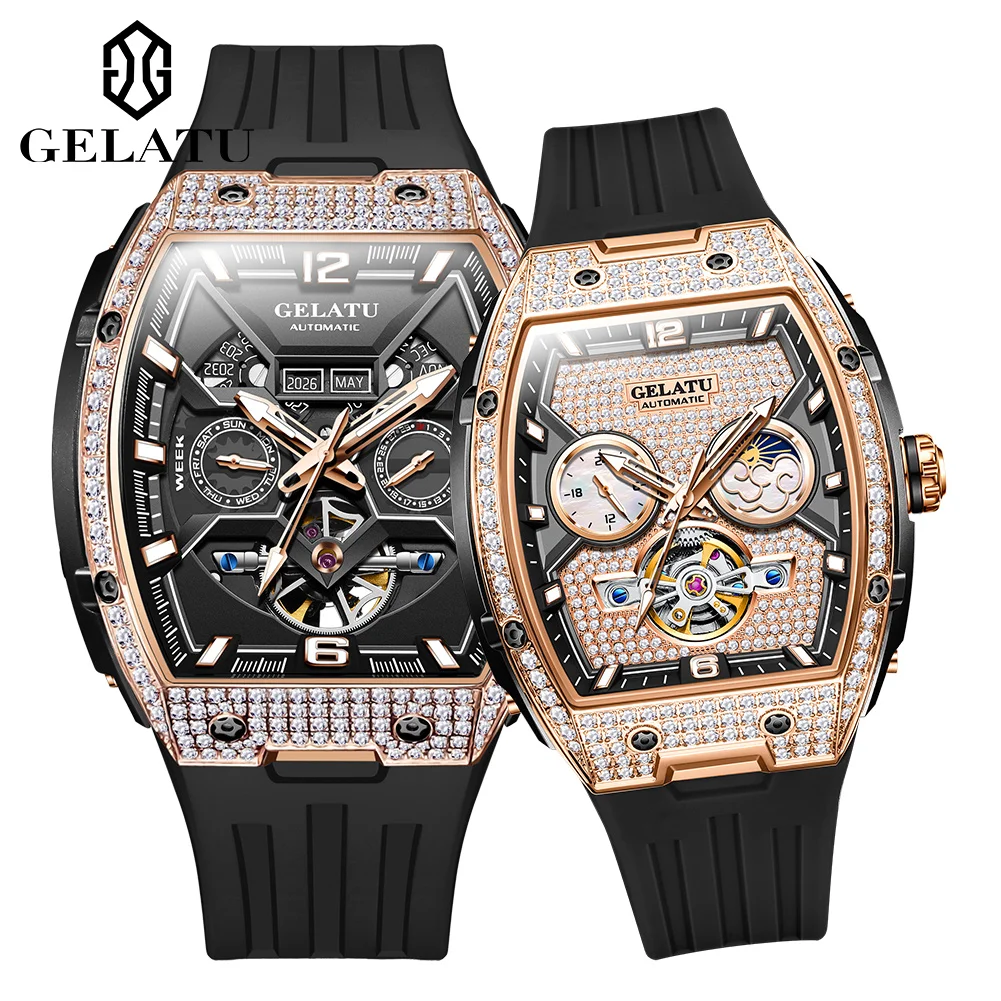 GELATU Couple Watches Luxury Fashion Tonneau Original Automatic Mechanical Wristwatch Silicone Strap Waterproof Date Trend Dress