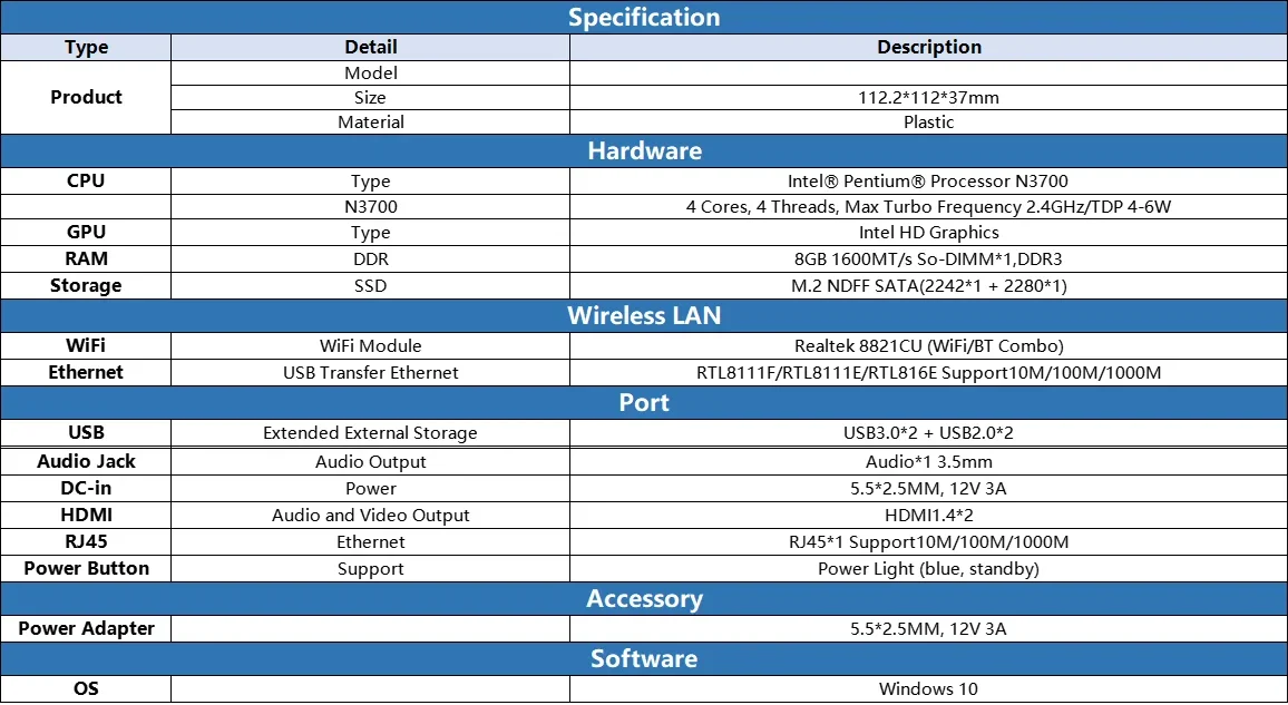 SZBOX W6 Intel N3700 Mini PC DDR 2 * SATA SSD Wifi BT Pocket Office Computer Windows 10