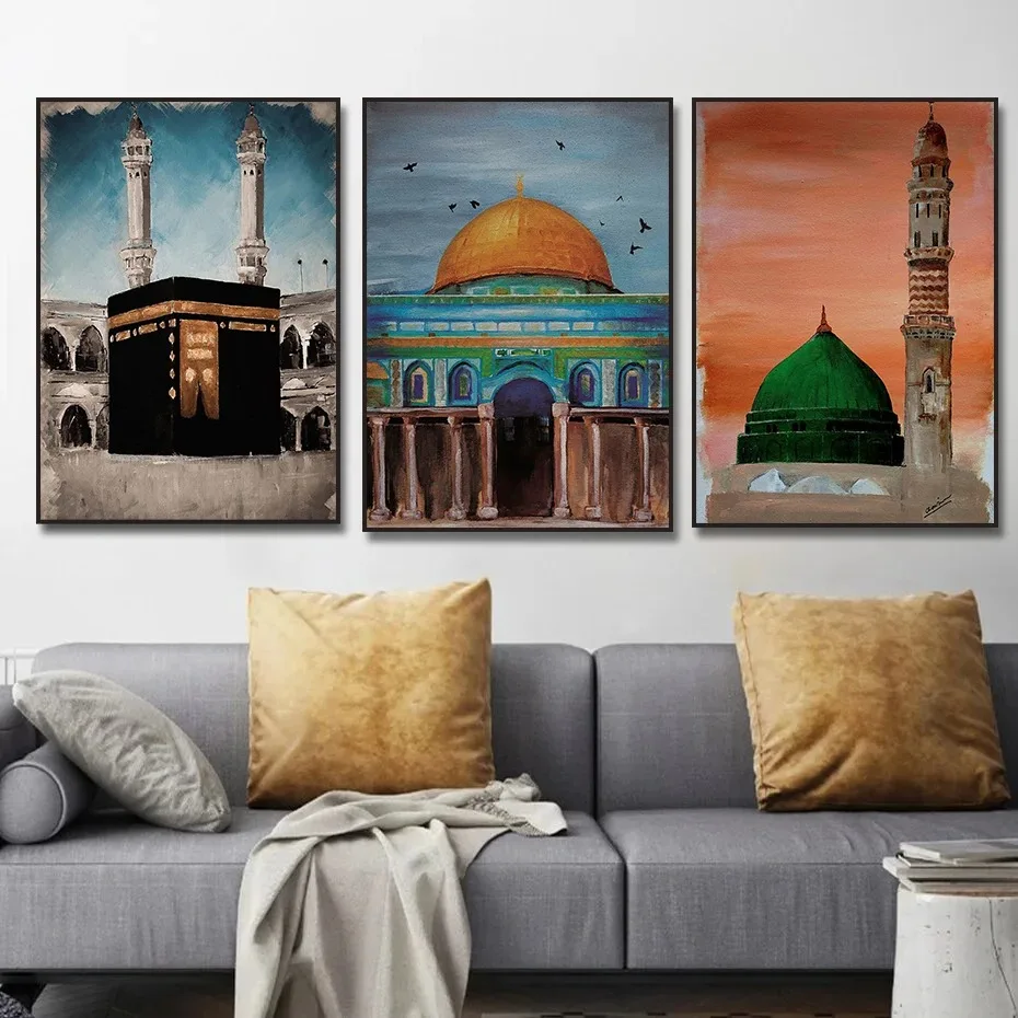 Islamic Al-Aqsa Mosque Kaaba Al Masjid An Nabwi  Canvas Poster Watercolors Decorative Painting Modern Pictures Living Room Decor