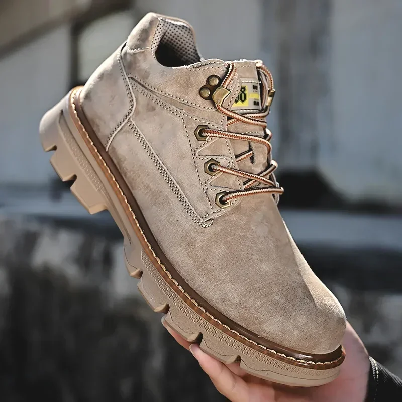 

Men Genuine Leather Boots Men's English Style Thick Bottomed Work Clothes Shoes Winter Outdoor Mid Top Men's Boots