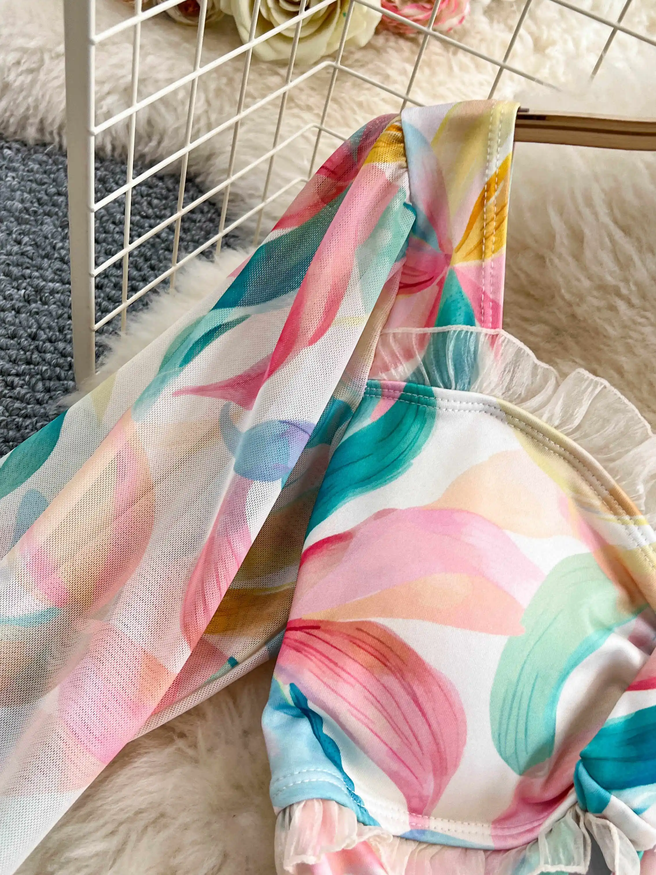 レディース ピンク 花柄 Aライン ミニドレス ヴィンテージ エレガント 長袖 スクエアカラー ワンピース Y2K ワンピース 夏服