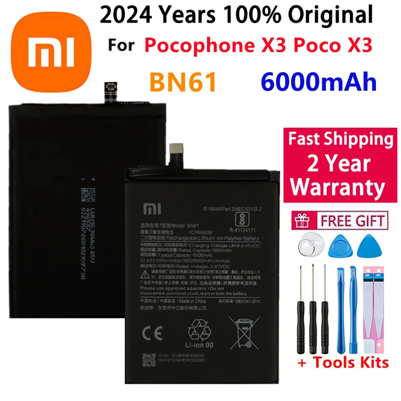 Bateria zastępcza do telefonu Xiaomi, BN57, BN61, 6000 mAh, baterie Xiaomi Pocophone X3, Poco X3 Pro, 100% oryginał, 2024 lata