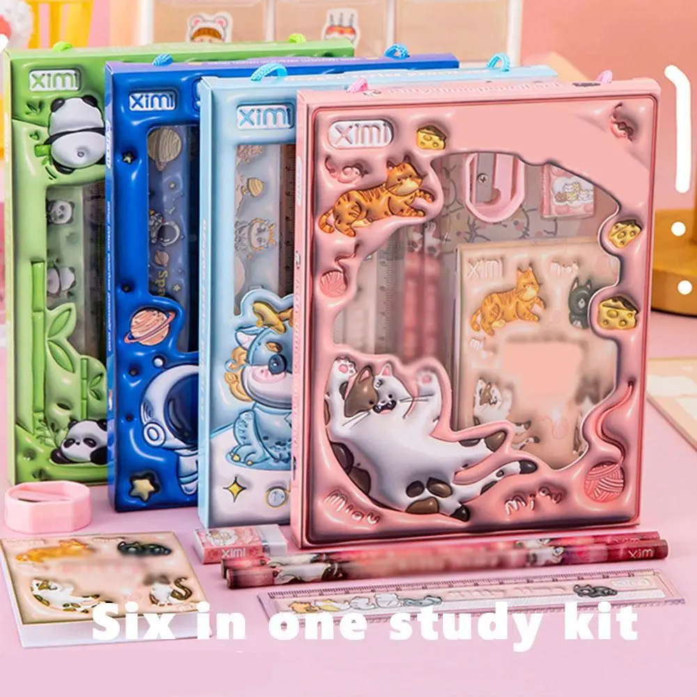 6 In 1 Stationery Set Kawaii Primary School Children Learning Gift Box Study Stationery Set - Pencils Pencil Sharpener Eraser
