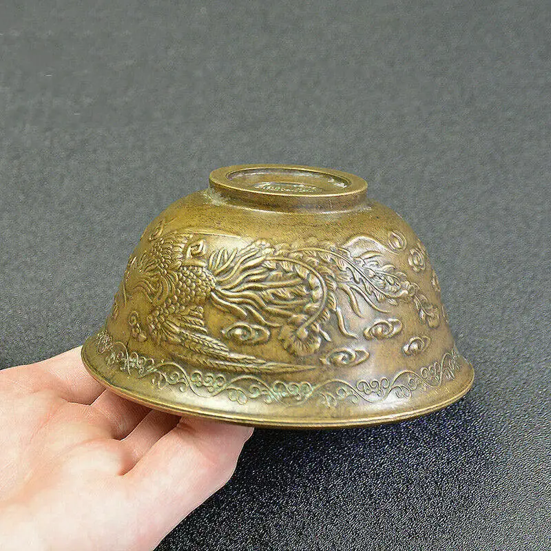 

Vintage Chinese Bronze Art Carving Double Phoenix Bowl