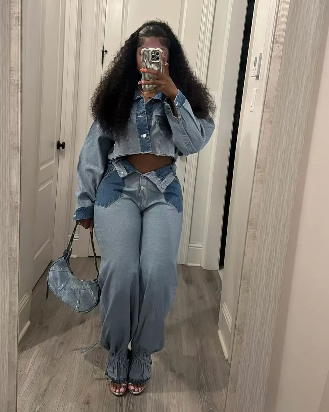 

Casual Women's Color-Matching Denim Suit Fall Long-Sleeved Lapel Coat And Wide-Bundle Pant Outfits Ladies Two-Piece Set
