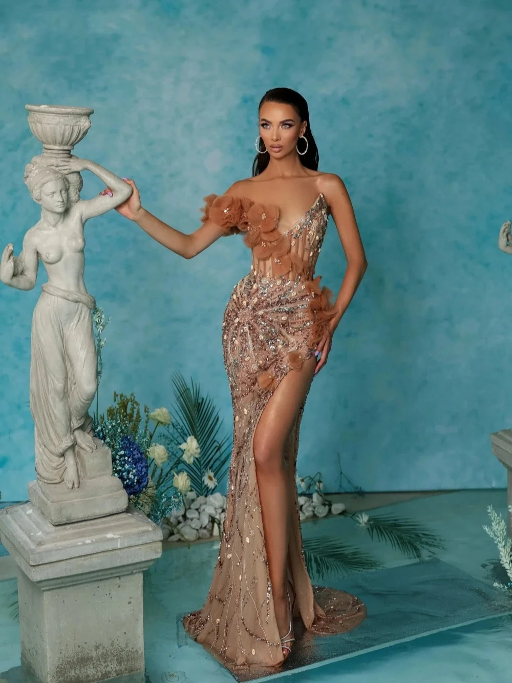 Abiti da sera di lusso con scollo a V e perline Abito da ballo sexy con paillettes senza maniche con applicazioni a sirena Abito da festa con spacco alto personalizzato