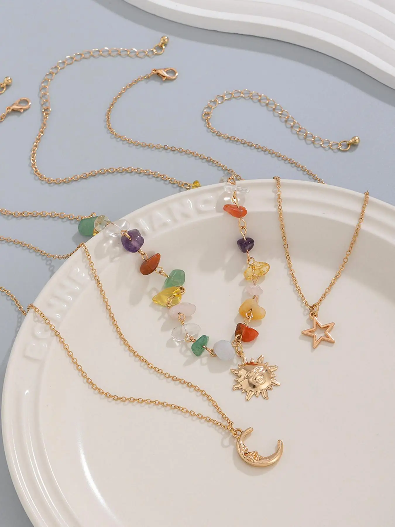 3피스 썬 문 지르콘 레이어드 목걸이 세트 파티, 데이트, 데일리 의류장식, 트렌디한 올매치 & 절묘한 주얼리 선물용