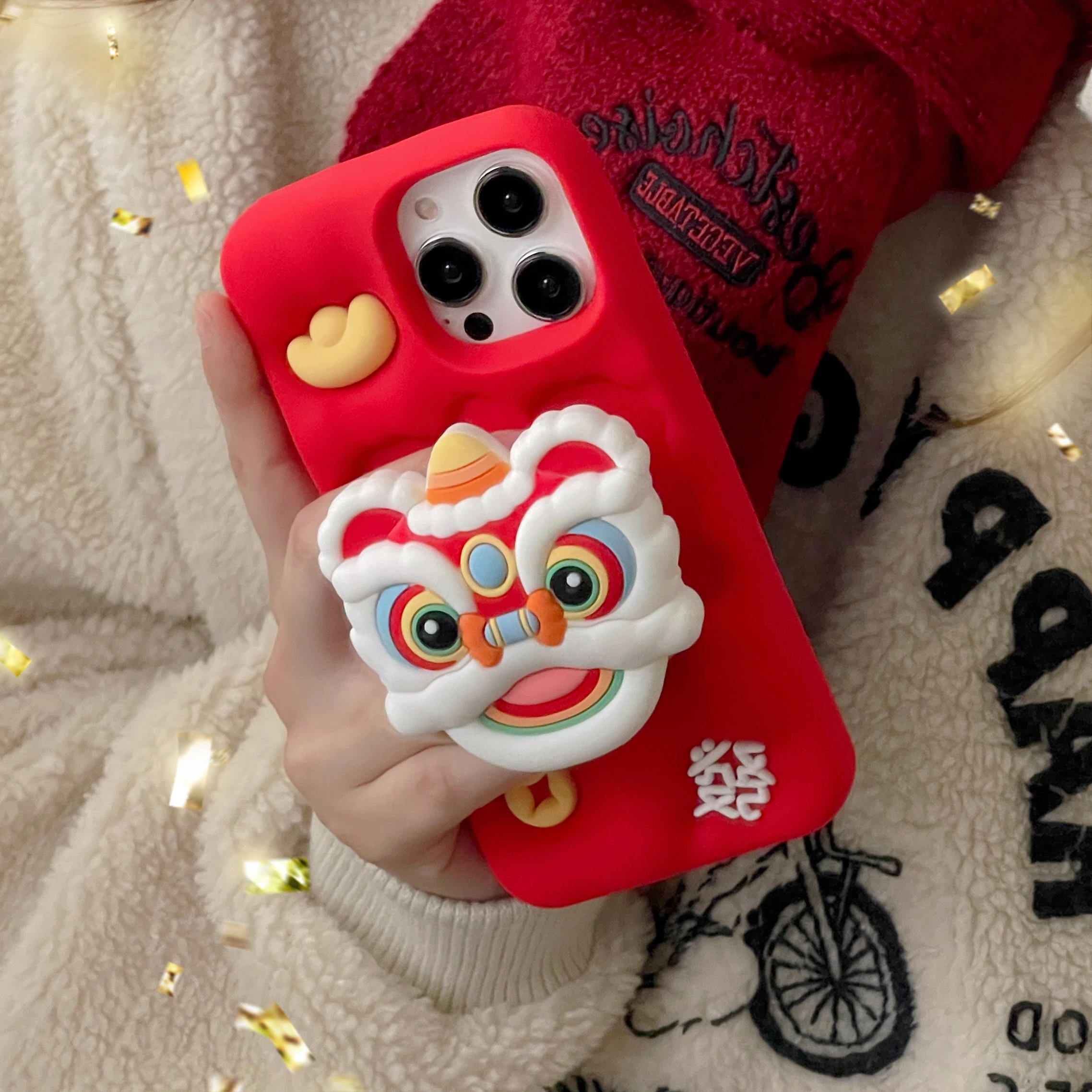 3D Cute Folding Bracket Chinese New Year Lion Red Soft Rubber Case for iPhone 15 14 13 12 11 Pro Max Lucky Words Kickstand Cover