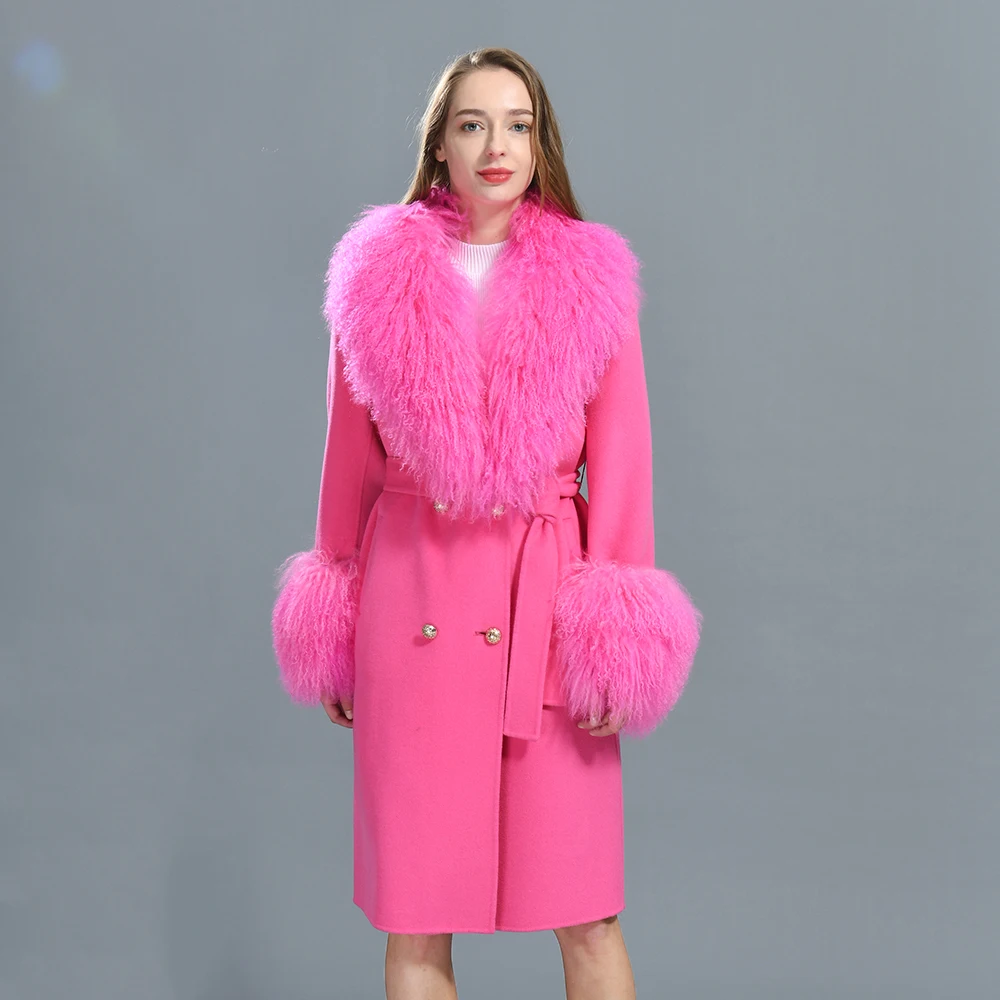 

Women Cashmere Wool Coat With Real Mongolian Sheep Fur Collar Ladies Autumn Winter Fashion Long Outwear Full Sleeve Fur Jacket