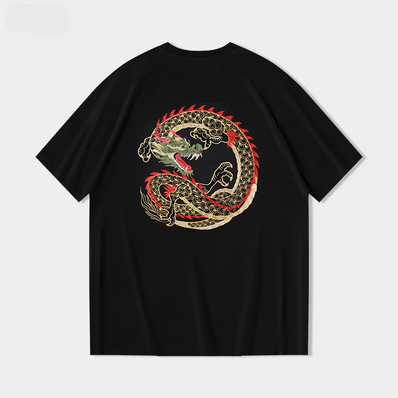 Men Dragon T Shirt Embroidery Summer Animal T Shirt Fashion Casual Short Sleeve Cotton VintageTees Top Chinese Men Clothing 2024