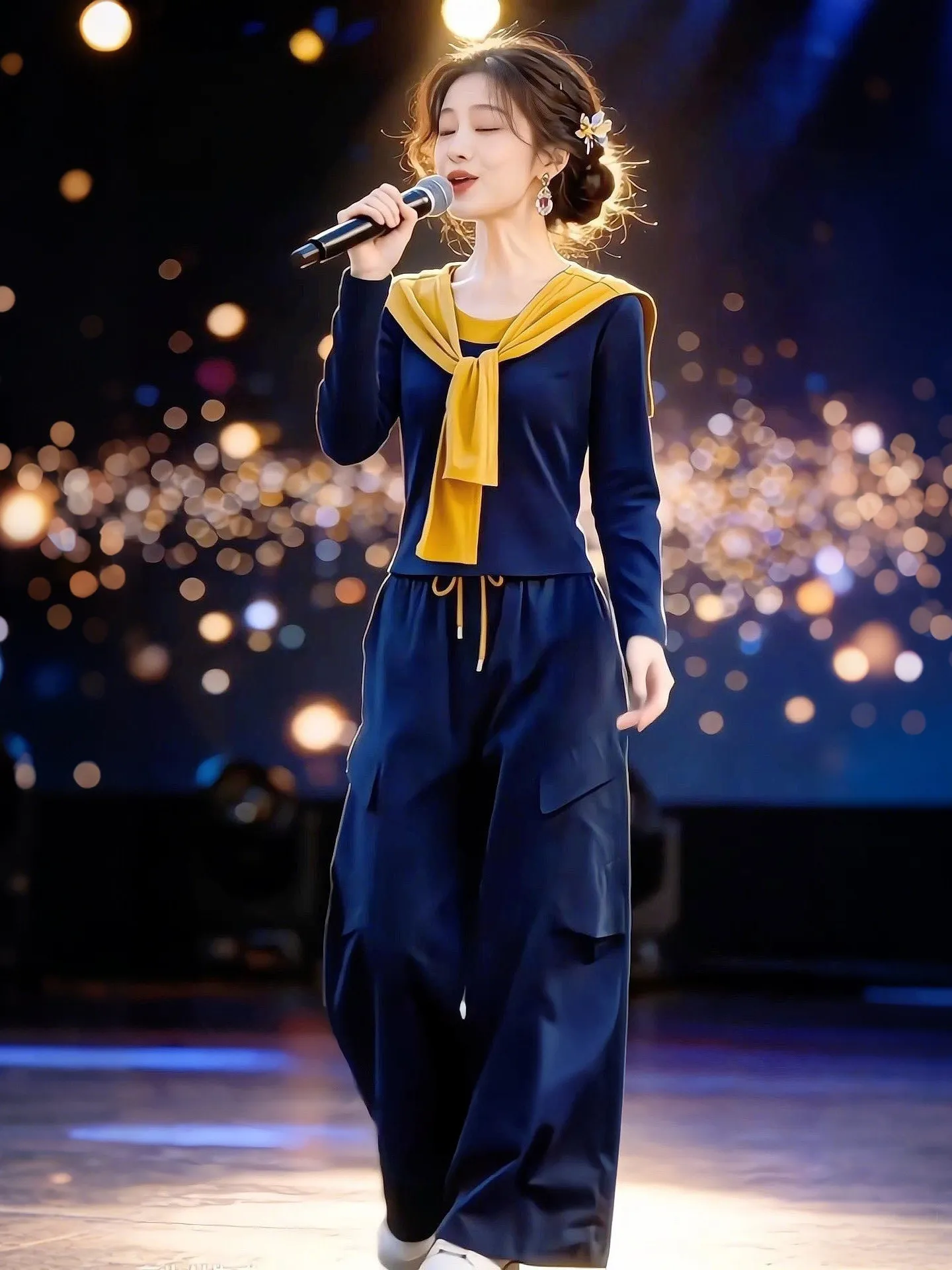 

Весенний комплект в корейском стиле: модный топ-шаль с эффектом омоложения и брюки с высокой талией, широкими штанинами и эффектом похудения. Женская одежда.