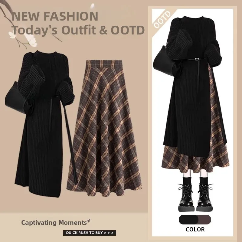 ชุดเซ็ตเสื้อสเวตเตอร์สีแดงสไตล์เกาหลีแบบสบายๆ พร้อมกระโปรงเอวสูงสำหรับผู้หญิง ฤดูใบไม้ร่วง ฤดูหนาว แฟชั่นปีใหม่ ชุดสองชิ้น เสื้อแขนยาว