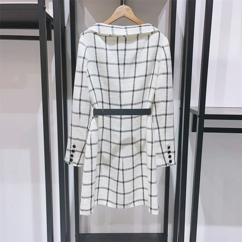 Women Plaid Dress Single Breasted Turn-down Collar Long Sleeve Elegant Autumn 2024 Mini Robe