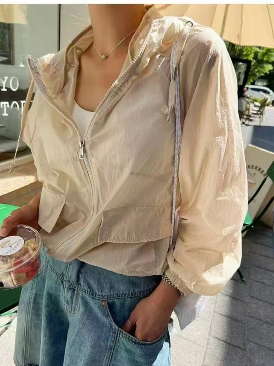 

Women's ort Coat Jaet Dstring Hooded Slim Fit Thin Sle with Big kets Summer Commute Faion Loose Outerwear