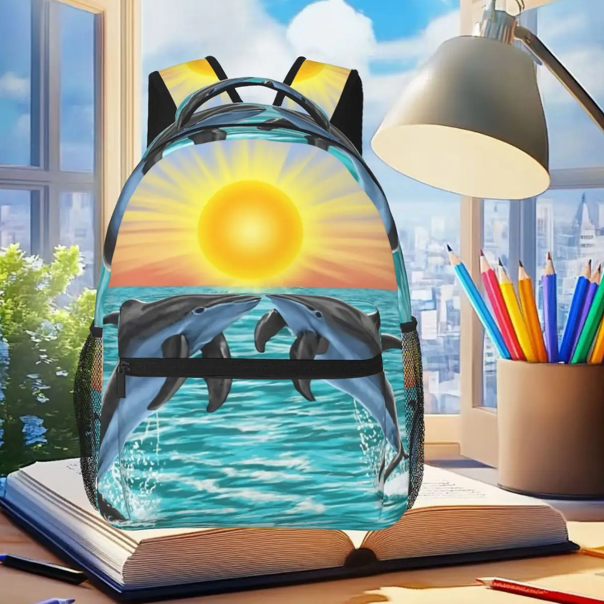 

Dolphin Leaping Out Of The Water Backpack Student Boys Girls BookBag Kids School Bag Computer Shoulder Bags for Men Women