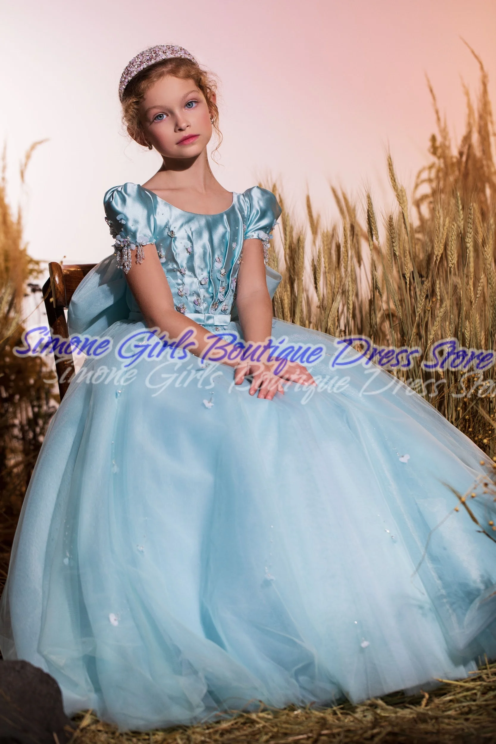 Pailletten korte mouwen hemelsblauwe elegante satijnen jurk bloemenmeisje jurk voor dansfeest bruiloft schoonheidswedstrijd verjaardagsfeestje