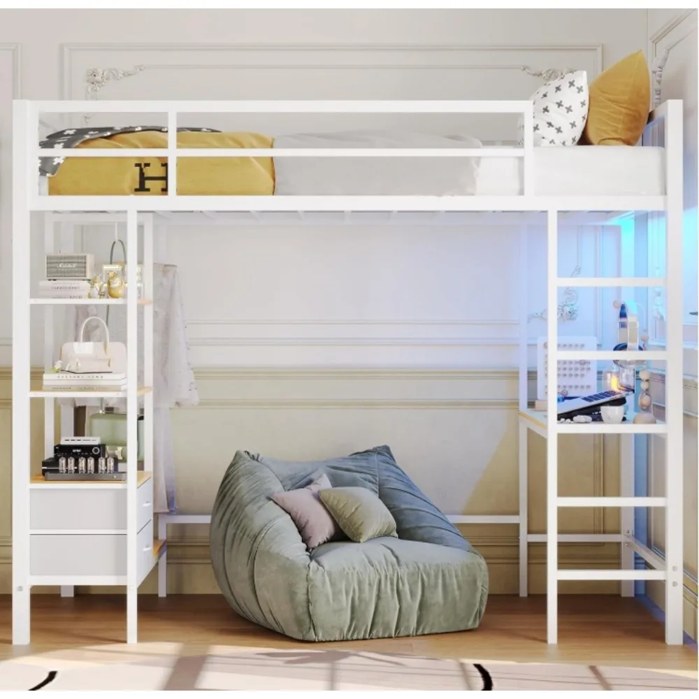 Loft Bed Twin Size with Desk and Charging Station Metal Loft Bed with Led Lights,Storage Shelves and Drawers Twin Size Bed image 4